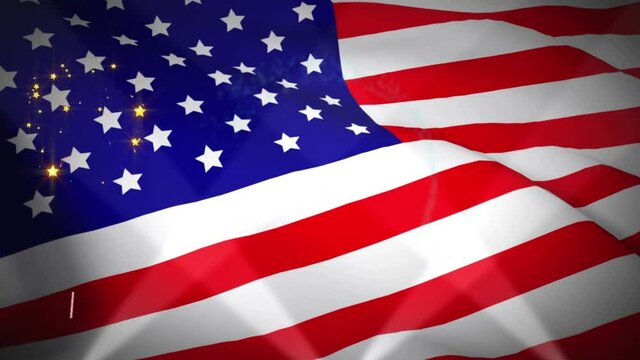 Lights and fireworks exploding over waving american flag against black background