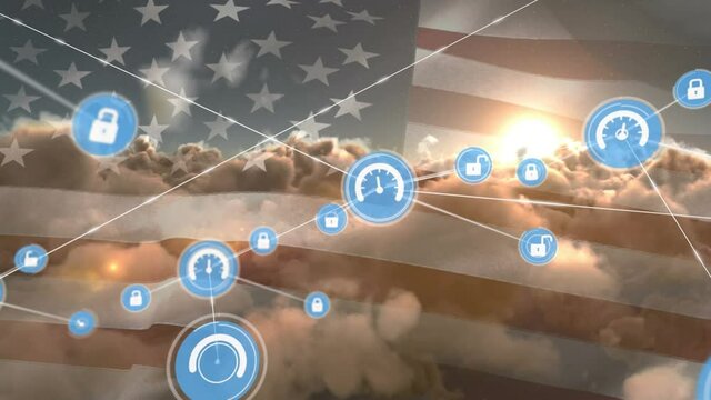 Animation of network of connections with icons over flag of united states of america and sky