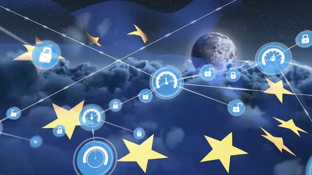 Animation of network of connections with icons over flag of european union and sky