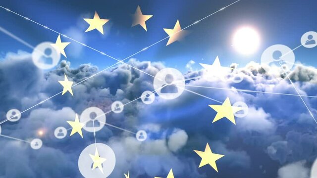 Animation of network of connections with icons over flag of european union and sky