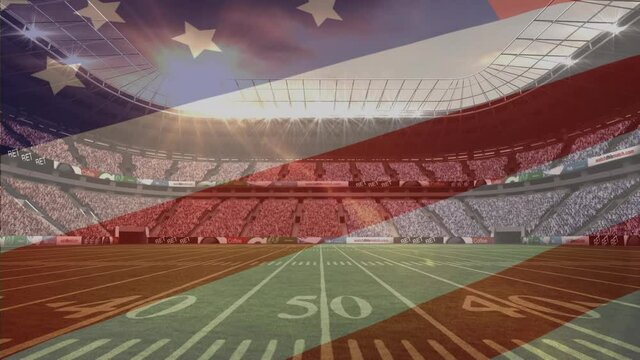 Animation of flag of united states of american waving over american football pitch and stadium