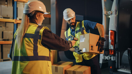 Outside of Logistics Retail Warehouse: Manager Using Tablet Computer and Scanner, talking to Worker...
