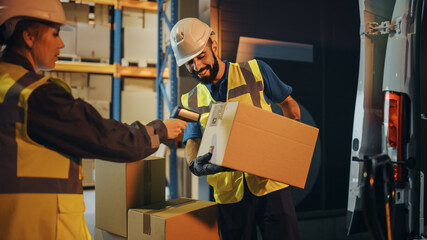 Outside of Logistics Retail Warehouse: Manager Using Tablet Computer and Scanner, talking to Worker...