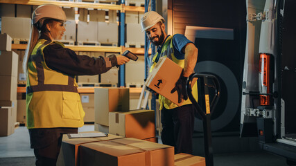 Outside of Logistics Retail Warehouse: Manager Using Tablet Computer and Scanner, talking to Worker...