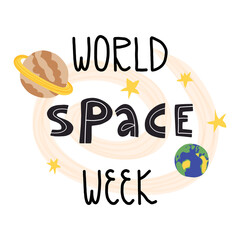 World space week card, banner design. Cute hand-drawn Milky Way and planets surrounded by the stars.