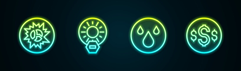 Set line Bomb explosion, No direct sunlight, Water drop and Dollar symbol. Glowing neon icon. Vector