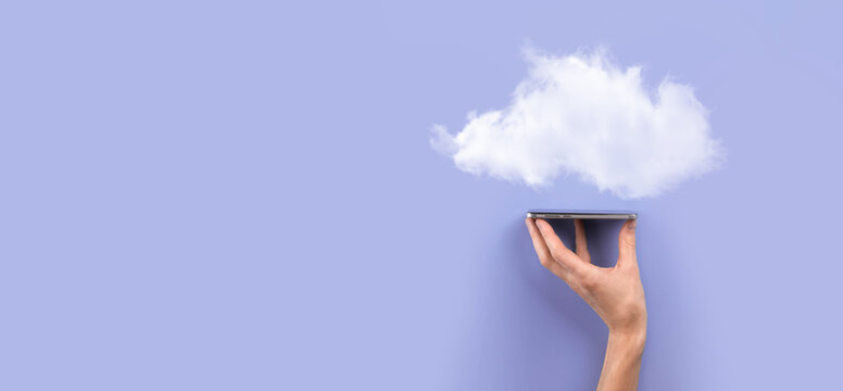 Business woman holding icon cloud computing network and icon connection data information in hand. Cloud computing and technology concept.