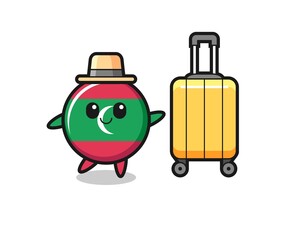 maldives flag badge cartoon illustration with luggage on vacation