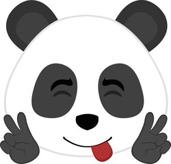 Vector emoticon illustration of the face of a cartoon panda bear with his tongue out and making a gesture of love and peace with his hands