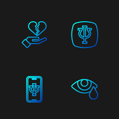 Set line Tear cry eye, Psychologist online, Broken heart or divorce and Psychology, Psi. Gradient color icons. Vector