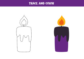Trace and color Halloween candle. Worksheet for kids.