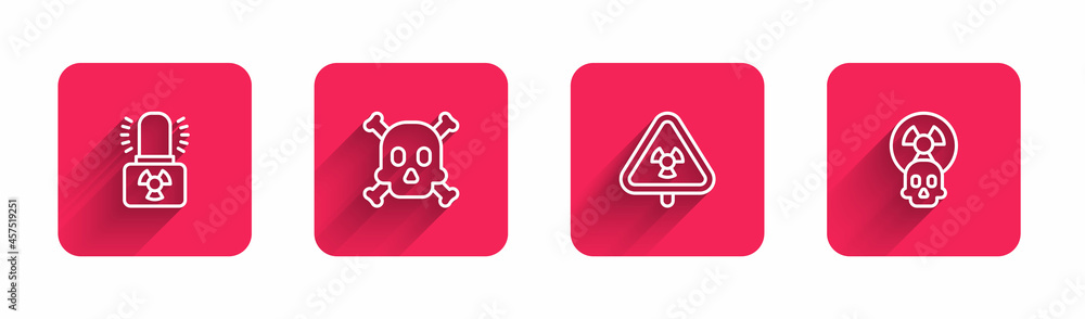 Poster set line radioactive warning lamp, bones and skull, triangle with radiation and with long shadow. re