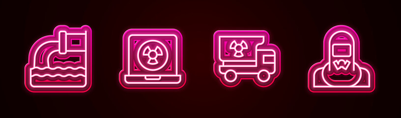 Set line Wastewater, Nuclear laptop, Truck with radiation materials and reactor worker. Glowing neon icon. Vector