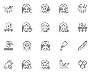 Skin care, Cosmetic Products, Cream, Serum. Moisturizing and Healthy Skin. Simple Vector Line Icons. Editable Stroke. 48x48 Pixel Perfect.