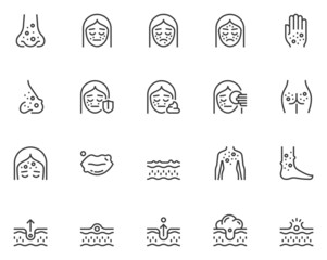 Skin care, Acne, Dermatology, Treatment. Simple Vector Line Icons. Editable Stroke. 48x48 Pixel Perfect.