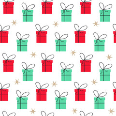 Christmas gifts seamless pattern. Colorful background for winter holidays. Fashionable vector illustration. Traditional design for packaging, scrapbooking, stationery.