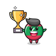 Cartoon Illustration of maldives flag badge is happy holding up the golden trophy