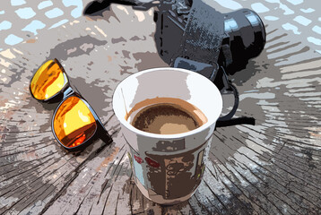Illustration of a Cup of Hot Coffee on Tree Stump Table with Camera and Sunglasses