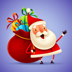 Santa Claus carrying a bag with full of Christmas gift box presents