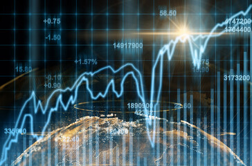 Abstract planet earth particle over the Stock market chart,Closeup Stock market exchange data on LED display, business and technology trading concept