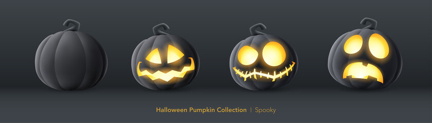 Black pumpkin set of Halloween - Spooky expression - obrazy, fototapety, plakaty