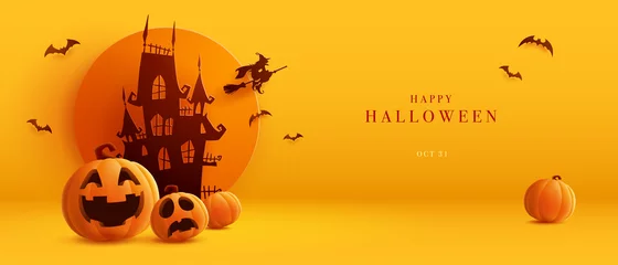 Foto op Plexiglas 3D illustration of Halloween theme banner with group of Jack O Lantern pumpkin and paper graphic style of castle on background.  © ori-artiste