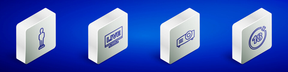 Set Isometric line Movie trophy, Live stream, Movie, film, media projector and Plus 18 movie icon. Vector