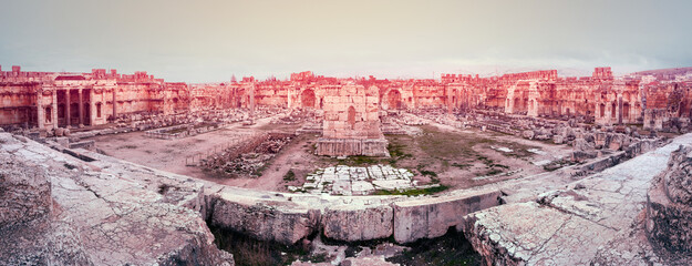 aerial panorama of Ruins of Jupiter temple and great court of Heliopolis at Baalbek, Bekaa valley...