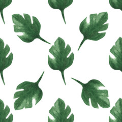 Watercolor monstera leaves, seamless pattern.
