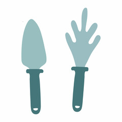 Garden shovel and rake. Tools and inventory. Isolated vector element on white background. Hand drawn illustrations