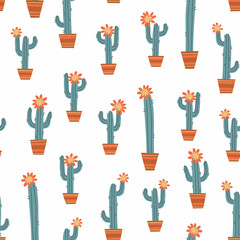 Seamless pattern with cacti and flowers. Hand drawn vector illustration. Image of cactus on a white background. Suitable for printing on fabric, clothing, bedding, wrapping paper