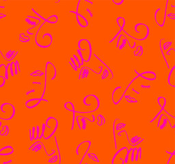 Abstract One Line Drawing Woman Girl Faces Masks Spirals Repeating Vector Pattern with Isolated Background