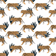 Seamless pattern with tigers with tropical leaves. The symbol of the new year and christmas 2022. Vector hand drawn illustration on a white background. For printing on fabric, wallpaper