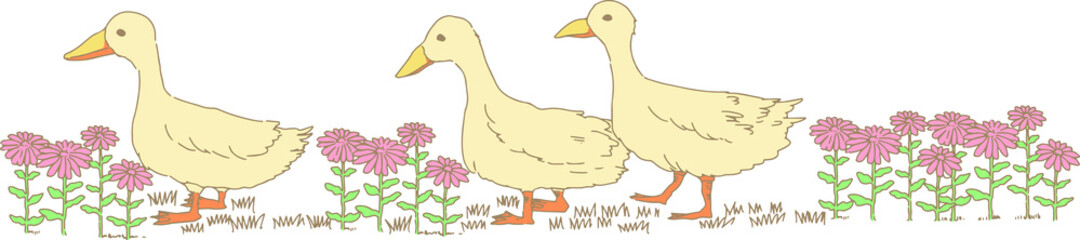 パステルな可愛いアヒルとお花のイラスト