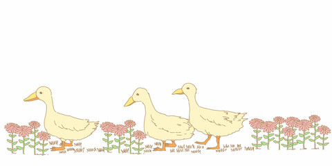 パステルな可愛いアヒルとお花のイラスト