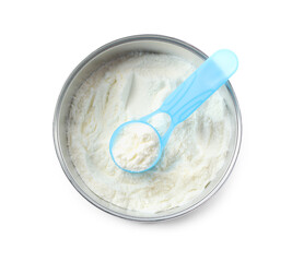 Can of powdered infant formula with scoop isolated on white, top view. Baby milk