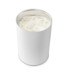 Can of powdered infant formula isolated on white. Baby milk