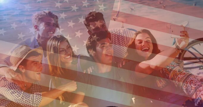 Animation of flag of united states of america over friends having fun
