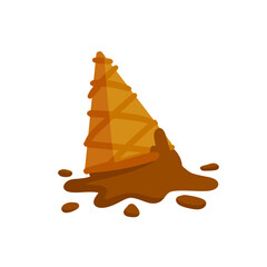 Melted ice cream in cone. Dessert fell to the ground. Sweet chocolate puddle. Flat cartoon illustration