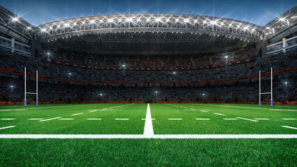 Rugby professional stadium with goal post, grassy playground and fan crowd on background. Side view. Digital 3D illustration for sport advertisement. © LeArchitecto