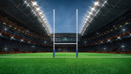 Rugby professional stadium with goal post, grassy playground and fan crowd on background. Goal view. Digital 3D illustration for sport advertisement. - obrazy, fototapety, plakaty