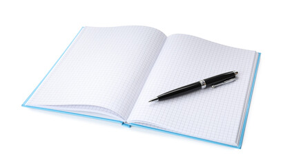 Open notebook with blank sheets and pen isolated on white