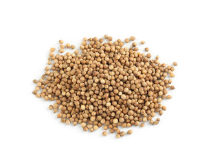 Heap of dried coriander seeds on white background, top view