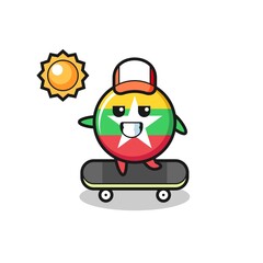 myanmar flag badge character illustration ride a skateboard