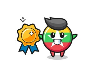 myanmar flag badge mascot illustration holding a golden badge