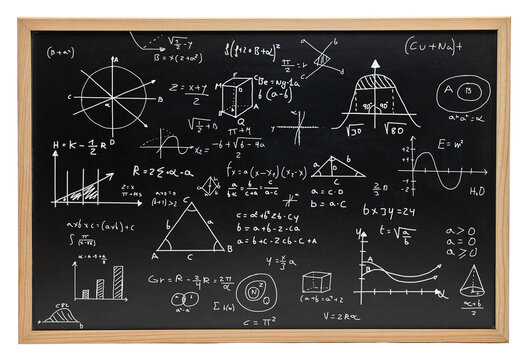 Math equations written on a blackboard - mathematics and science concepts against a white background .