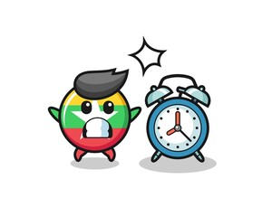 Cartoon Illustration of myanmar flag badge is surprised with a giant alarm clock