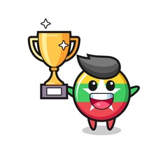 Cartoon Illustration of myanmar flag badge is happy holding up the golden trophy