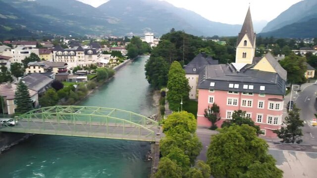Lienz, Austria. Aerial view of city skyline from a drone at night