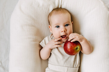 Baby holding a red apple. Food diversification concept.